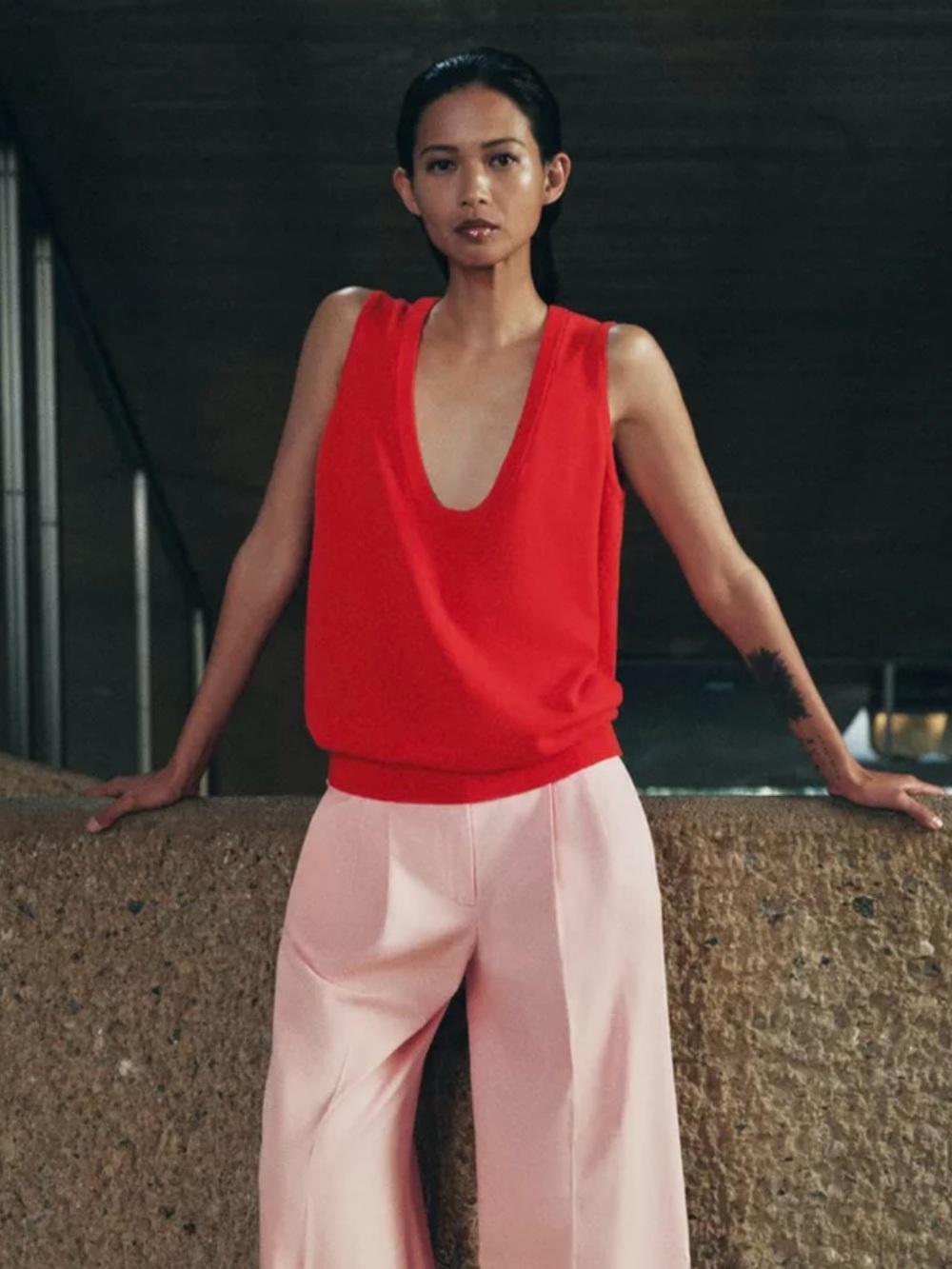 Zara Sleeveless Knit Top Red 100% Cotton Deep Scoop Neck Sweater Tank - EUC